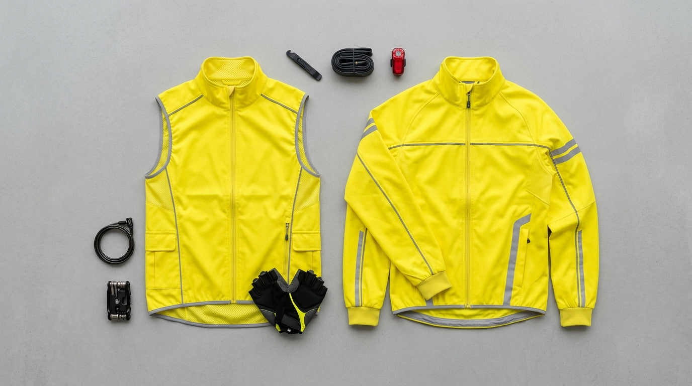 Bright yellow reflective cycling gilet and matching reflective cycling jacket side by side on light grey surface