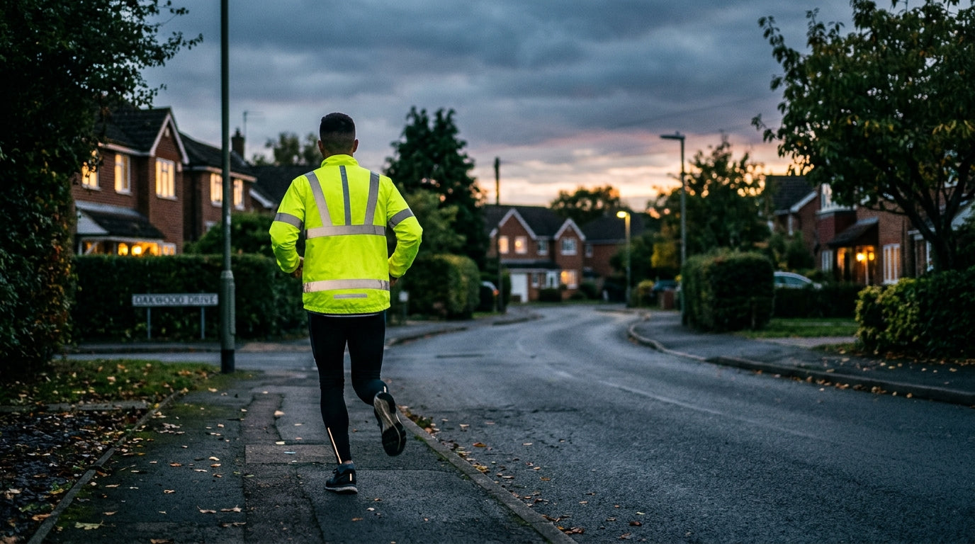 Fluorescent yellow running jacket with reflective silver strips photographed at dusk on a road