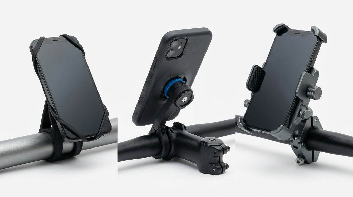 Three types of bike phone mounts compared: silicone universal mount, twist-lock case mount, and aluminium clamp mount