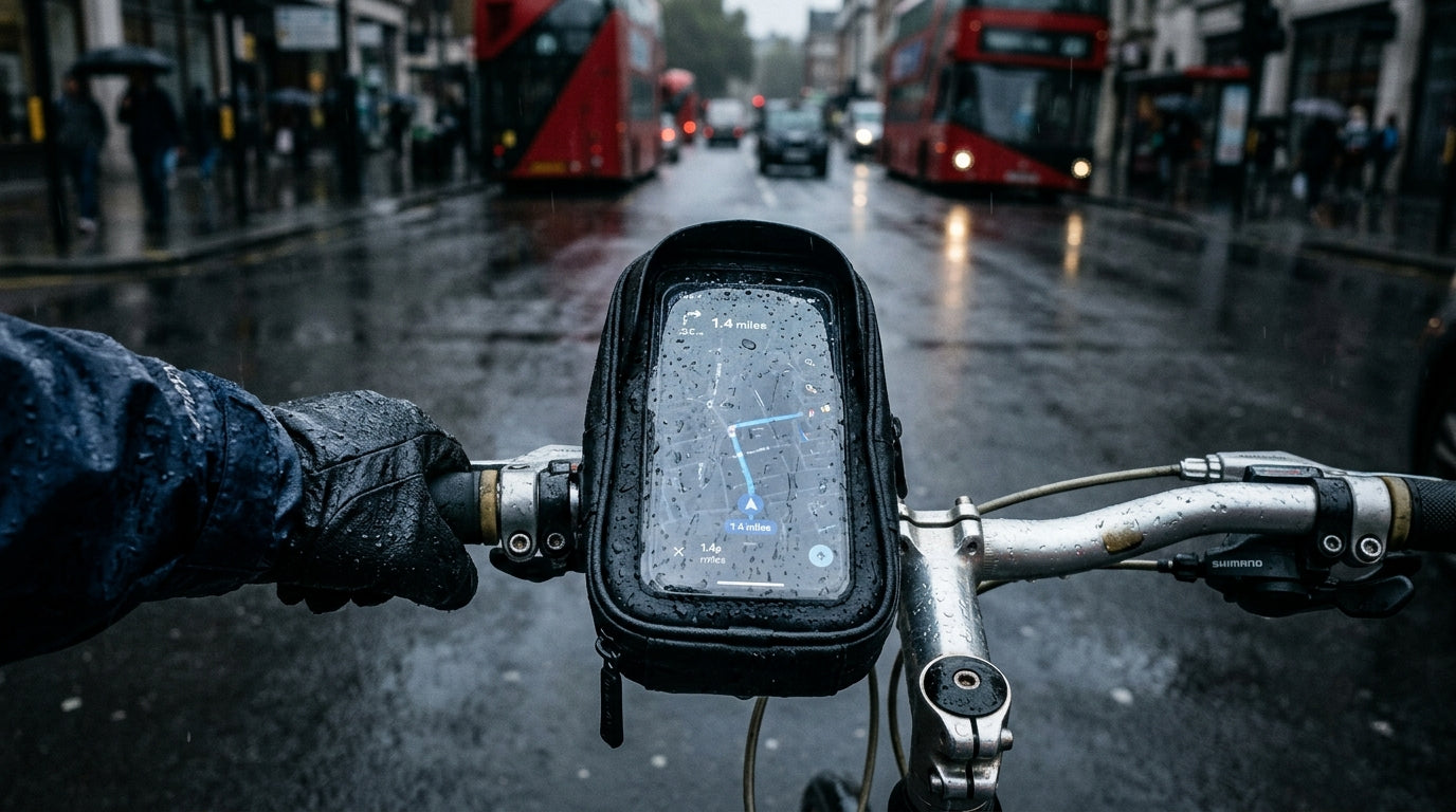 Waterproof bike phone bag mounted on handlebars in the rain, protecting a smartphone while cycling