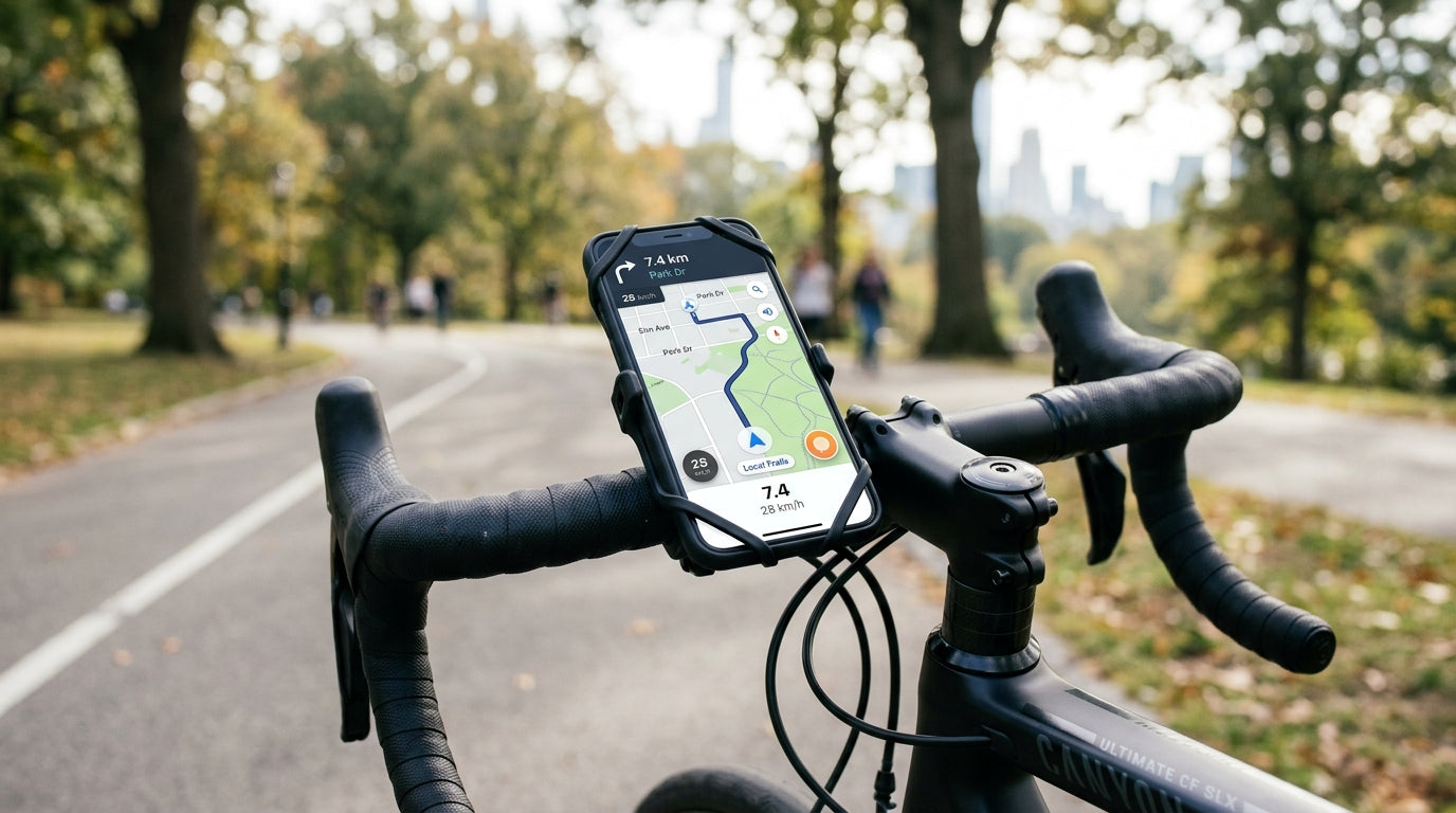 Black slab-style smartphone mounted in a black silicone universal handlebar phone mount on a road bike, showing a cycling navigation map on the screen