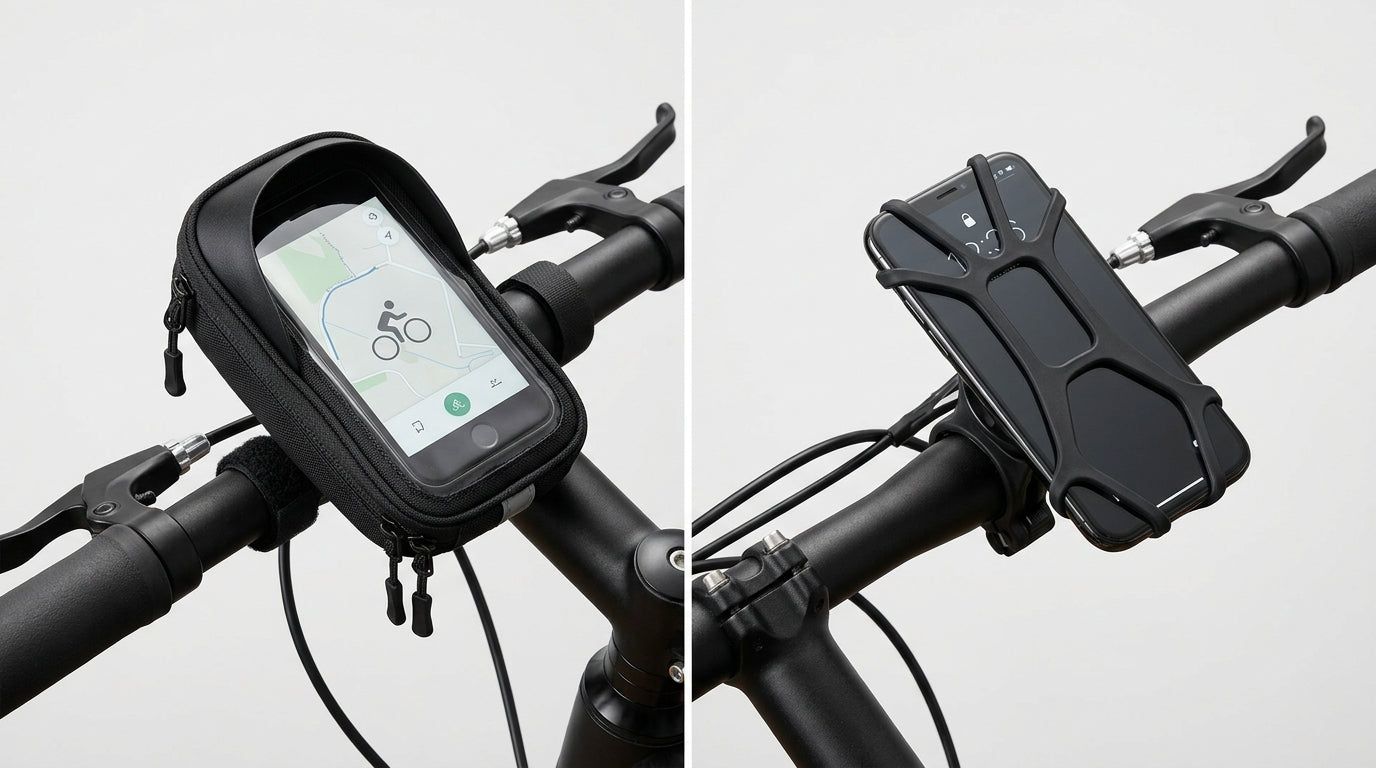 Bike phone mount and phone bag side by side on bicycle handlebars
