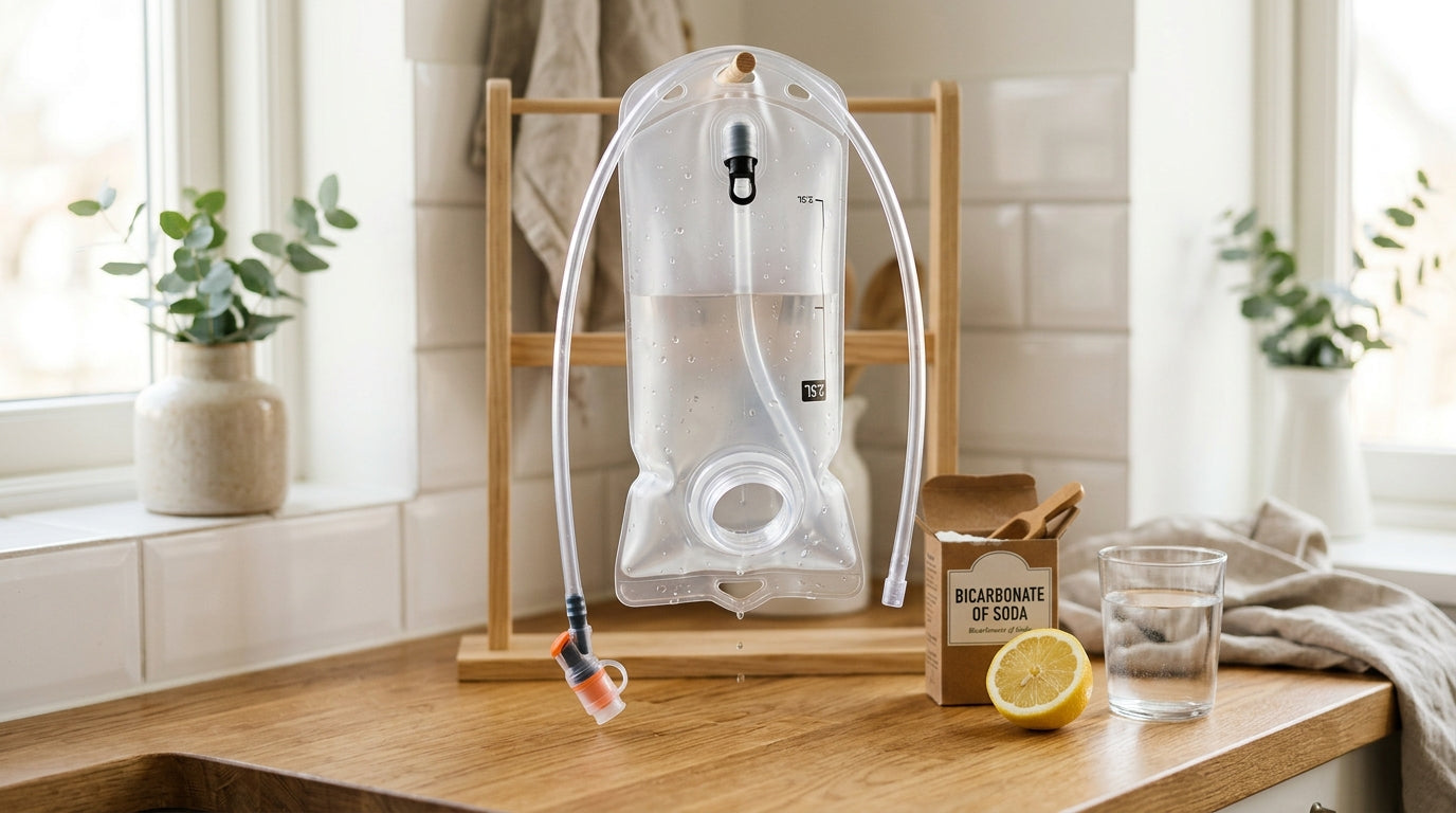 Clean transparent hydration bladder drying upright with tube extended, on a wooden kitchen counter next to bicarbonate of soda and a lemon