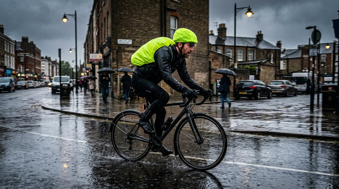 Cyclist riding through rain wearing a bright yellow waterproof cycling helmet cover