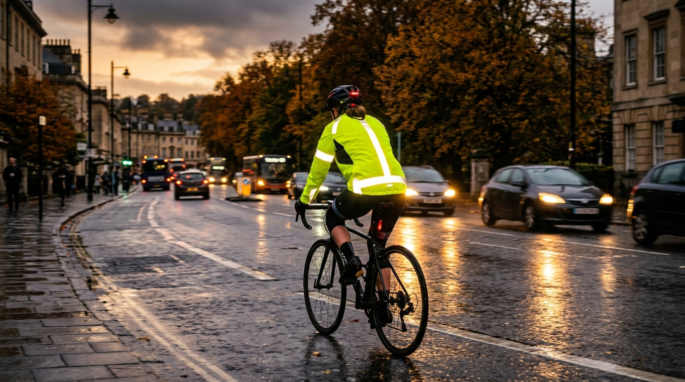 Cyclist wearing a bright yellow hi-vis reflective cycling jacket riding on a wet UK road at dusk with headlights reflecting off the jacket panels