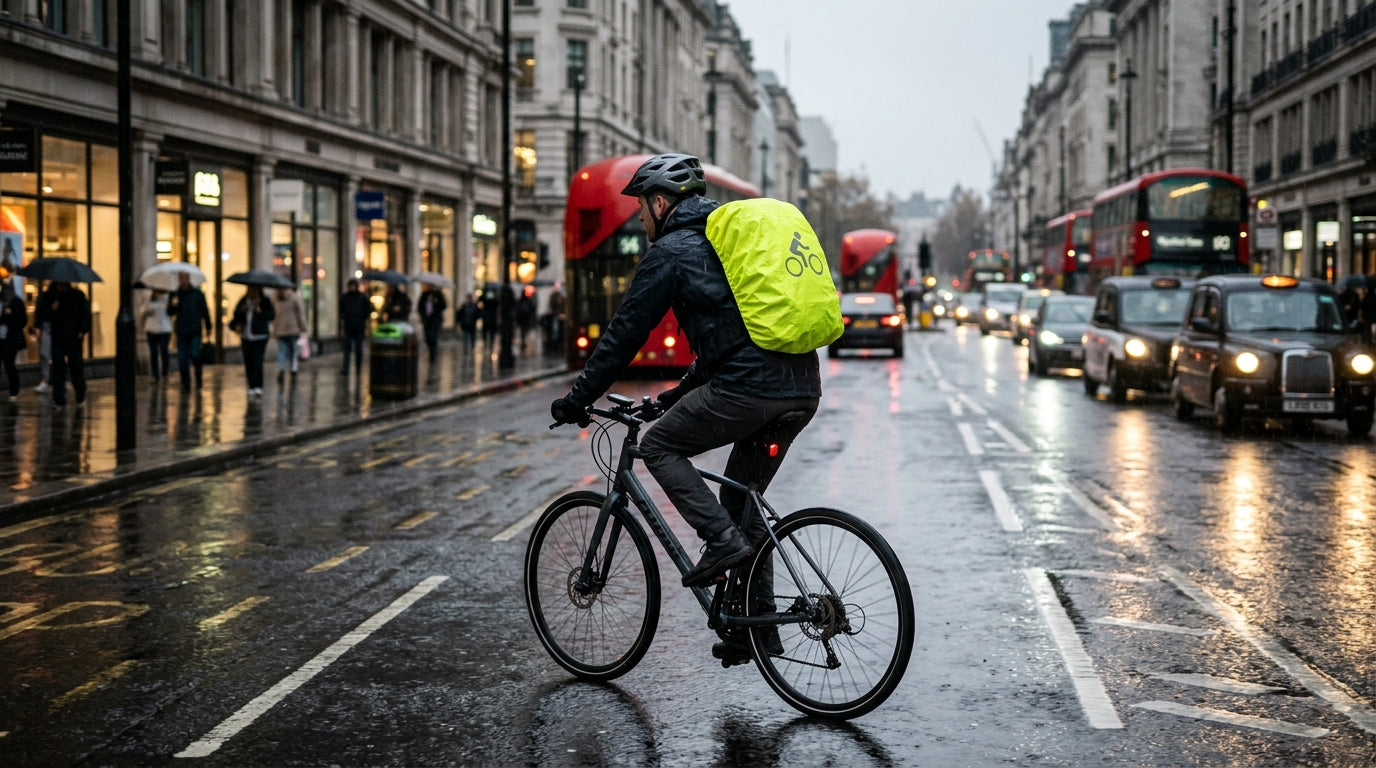 Cyclist commuting through rainy London streets with a bright yellow hi-vis waterproof backpack cover