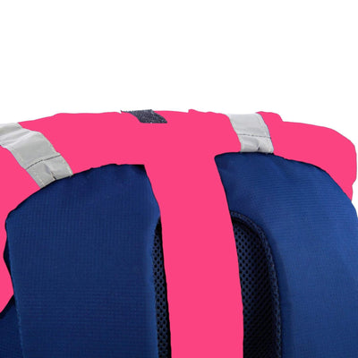Pink hi visibility waterproof backpack cover with reflective tape rear strap image