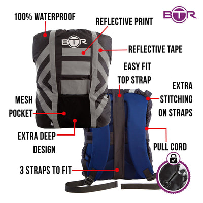 BTR Waterproof High Vis Reflective Backpack Rain Cover with 2 x LED Bicycle Lights