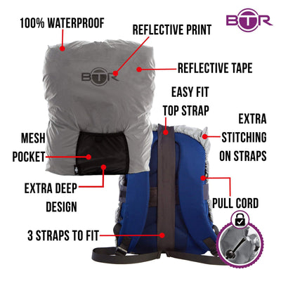 BTR Waterproof High Vis Reflective Backpack Rain Cover with 2 x LED Bicycle Lights