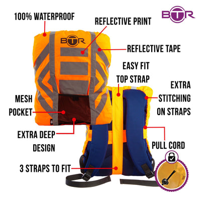 BTR Waterproof High Vis Reflective Backpack Rain Cover with 2 x LED Bicycle Lights