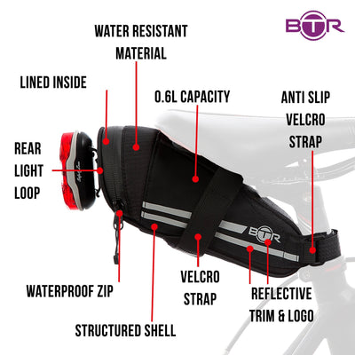 BTR Saddle Wedge Bike Bag & Reflective Trim & Rear Bicycle Light Loop