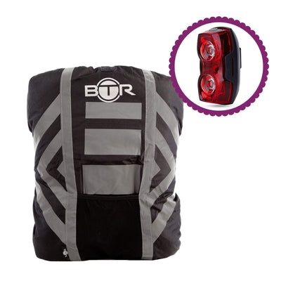 BTR Waterproof High Vis Reflective Backpack Rain Cover with Red LED Bike Light