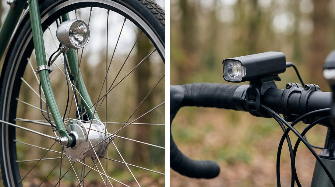 Bike fitted with a hub dynamo front wheel beside a bike fitted with USB rechargeable bike lights, side by side comparison