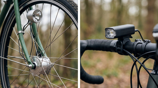 Bike fitted with a hub dynamo front wheel beside a bike fitted with USB rechargeable bike lights, side by side comparison