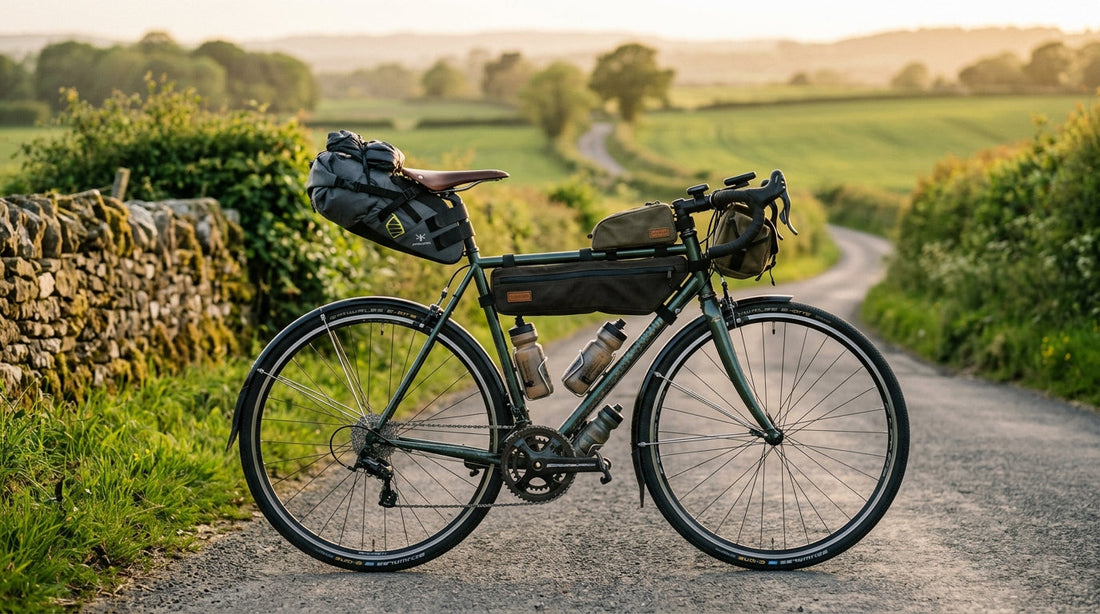 A road bike loaded with a handlebar bag, top tube bag and saddle pack parked beside a quiet UK country lane at golden hour