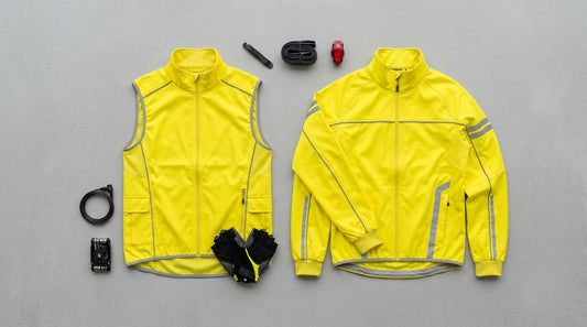 Bright yellow reflective cycling gilet and matching reflective cycling jacket side by side on light grey surface