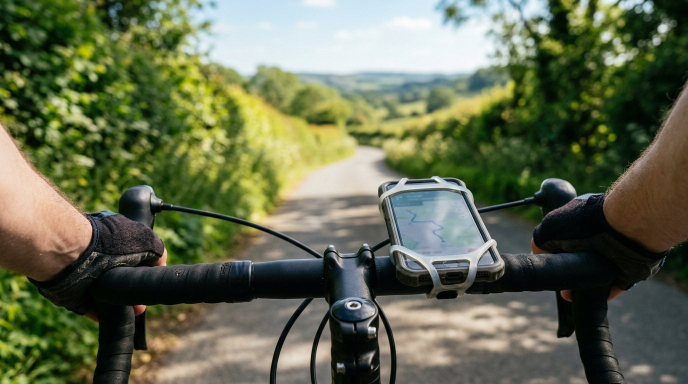 Smartphone mounted in a silicone bike phone mount on handlebars, viewed from the cyclist's riding position on a sunny road