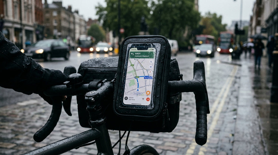 Smartphone visible through the transparent waterproof window of a black bike handlebar bag, raindrops on the bag, navigation app on screen, blurred wet UK street behind