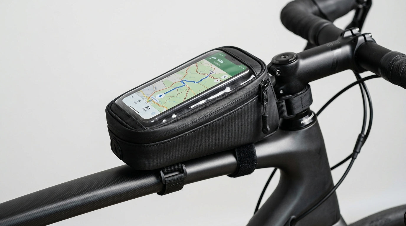Black waterproof bike top tube bag with clear phone window mounted on a road bike crossbar