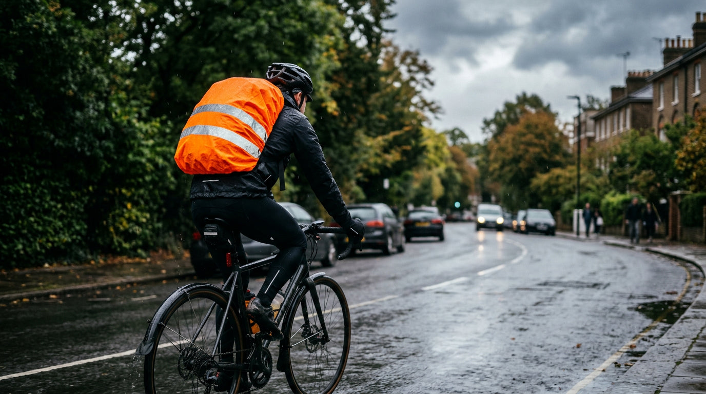 Hi-vis orange waterproof backpack cover with reflective strips fitted on a cycling rucksack
