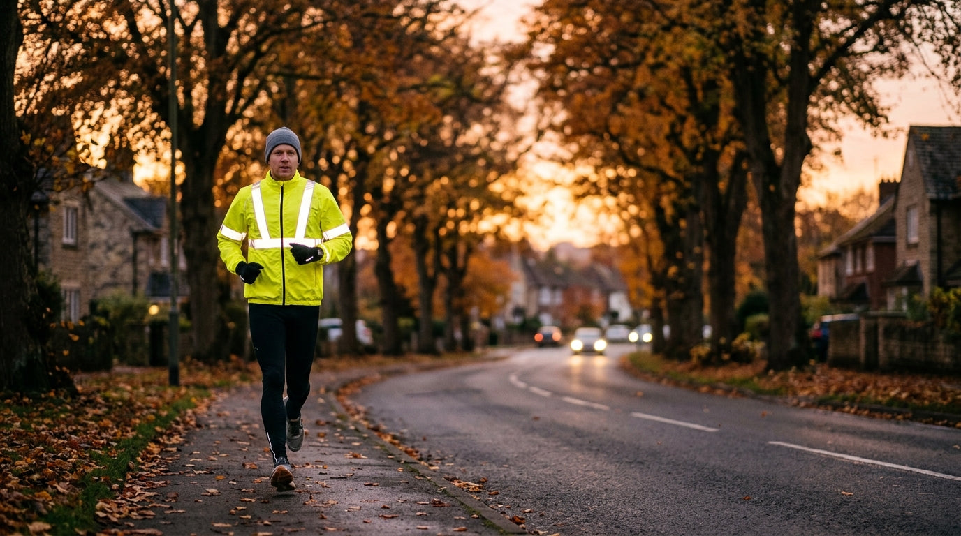 Bright yellow reflective running jacket on a runner at dusk on a UK road