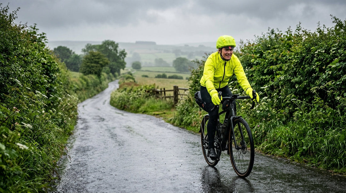 Cyclist riding in the rain wearing bright yellow waterproof gear on a wet UK road