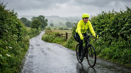 Cyclist riding in the rain wearing bright yellow waterproof gear on a wet UK road