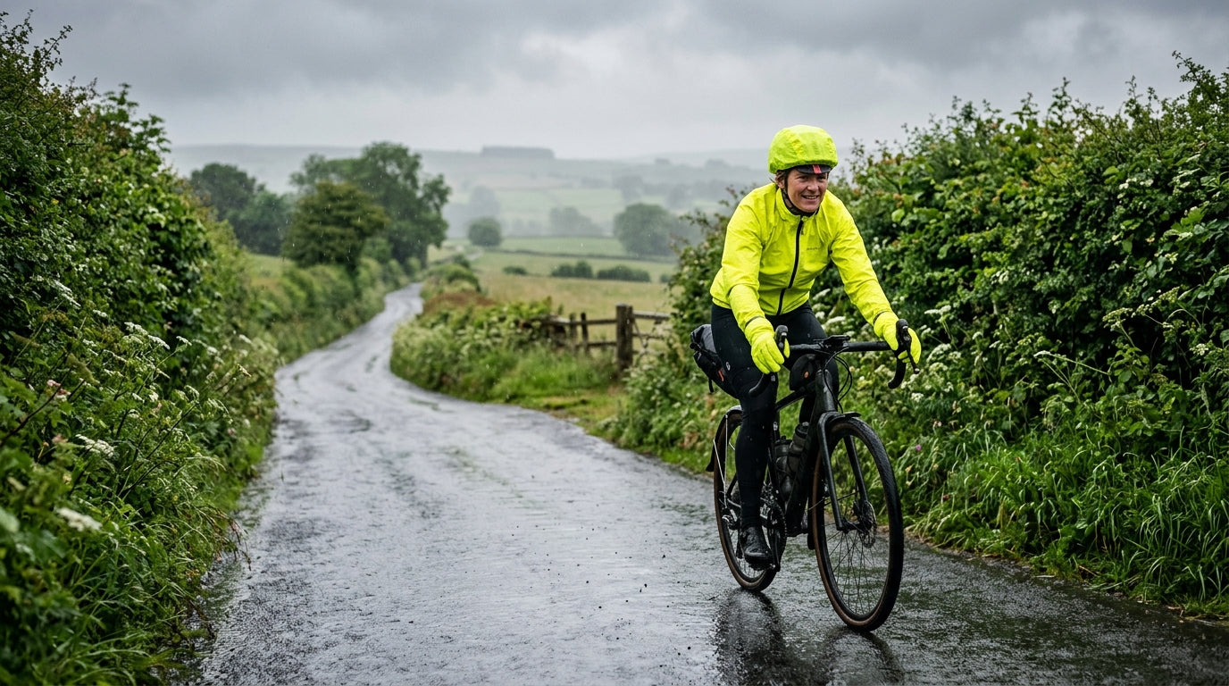 Cyclist riding in the rain wearing bright yellow waterproof gear on a wet UK road