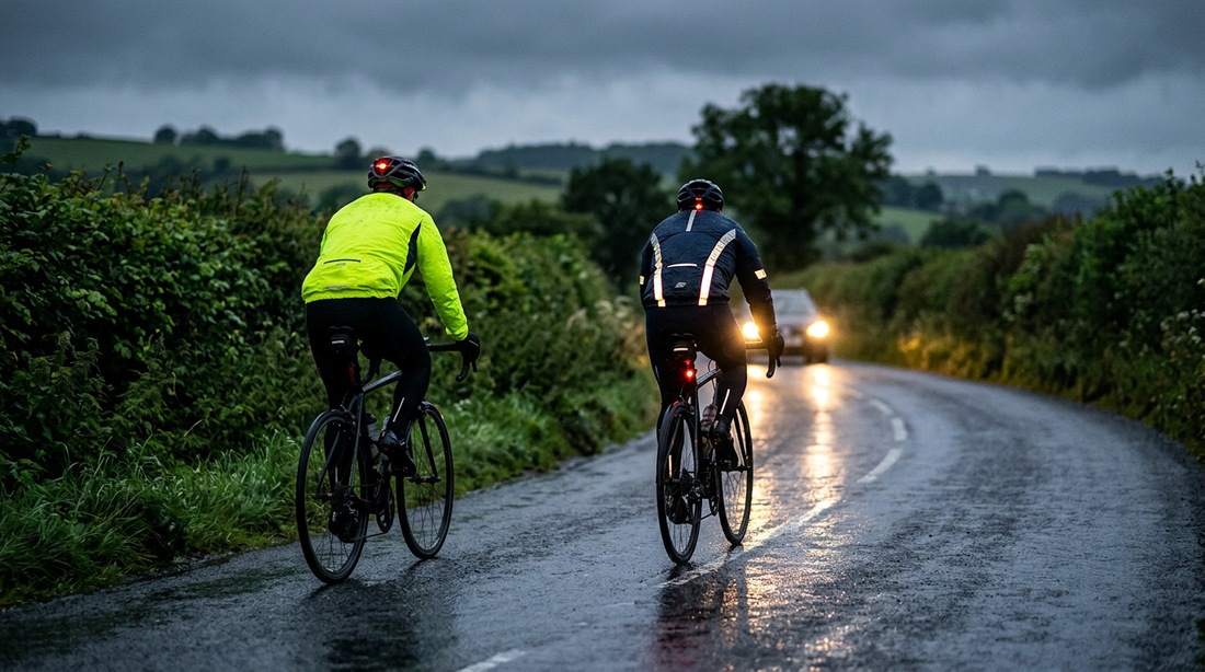 Two cyclists on a wet UK road at dusk, one wearing fluorescent hi-vis yellow and the other wearing reflective gear catching a car headlight