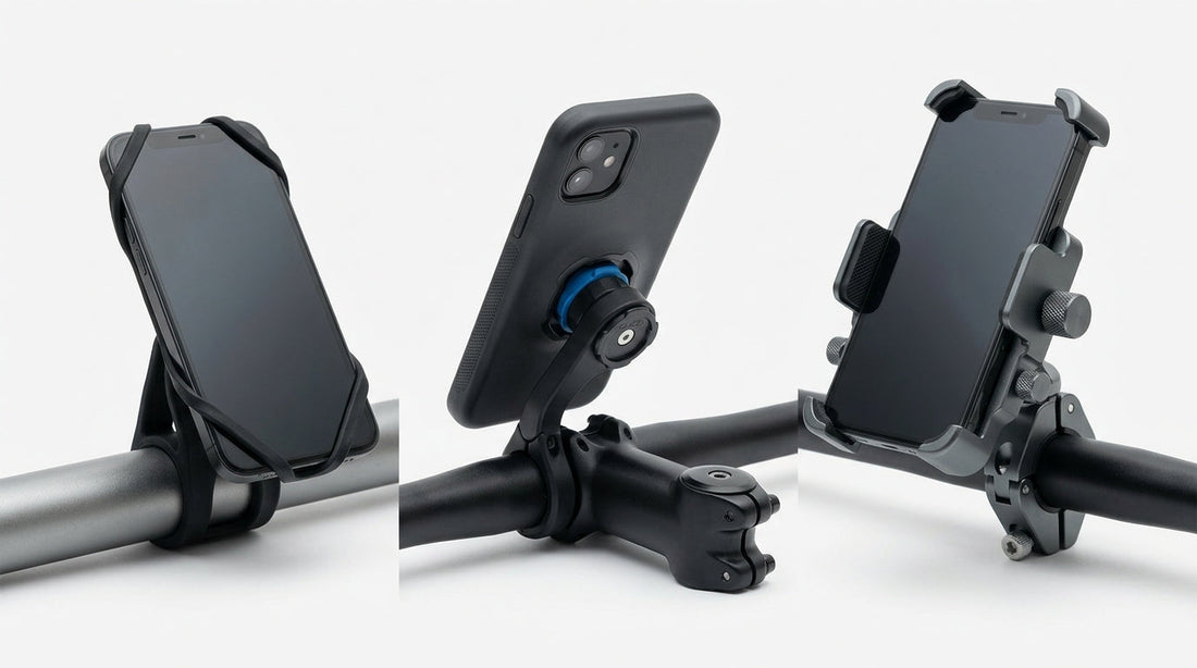 Three types of bike phone mounts compared: silicone universal mount, twist-lock case mount, and aluminium clamp mount