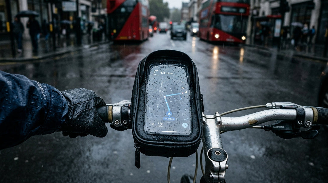 Waterproof bike phone bag mounted on handlebars in the rain, protecting a smartphone while cycling