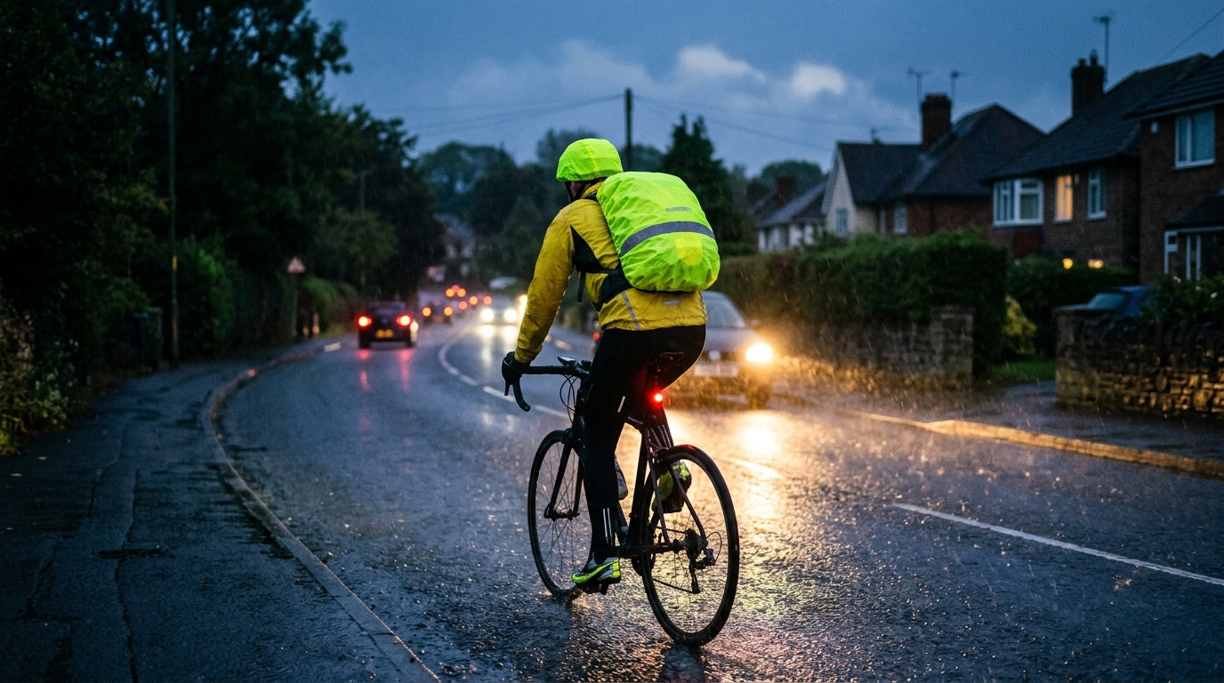 Bright yellow hi-vis cycling helmet cover and reflective backpack cover on a cyclist riding in low light conditions