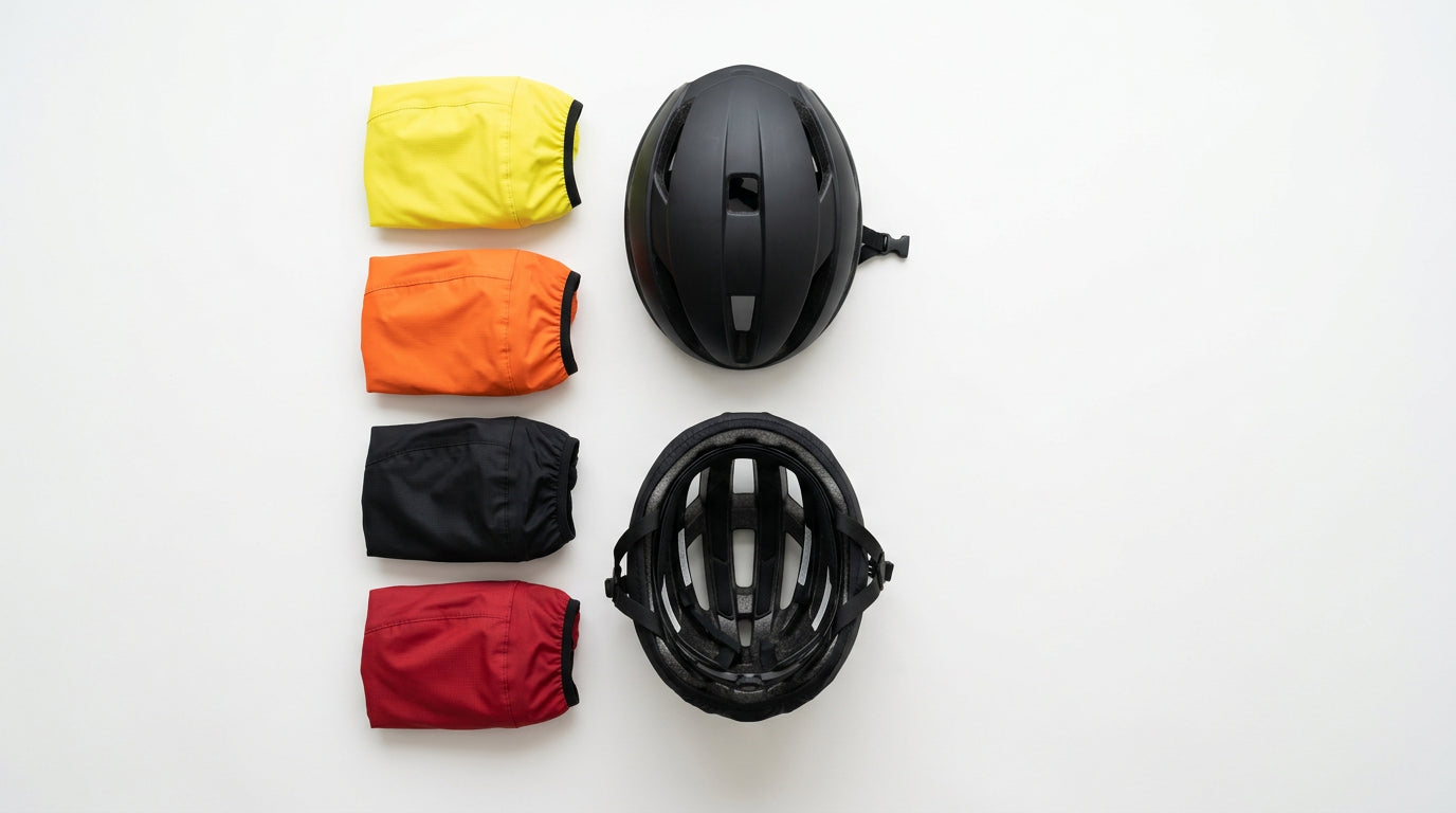 Colourful waterproof cycling helmet covers displayed alongside road cycling helmets