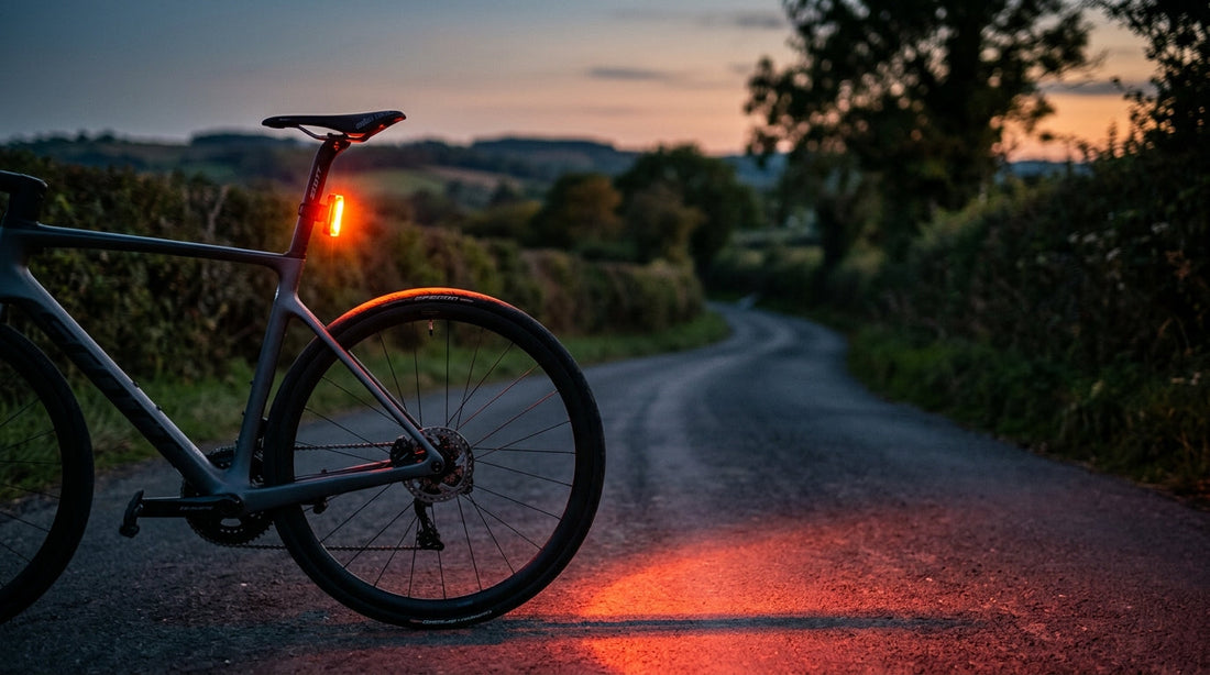 Bright red bike beacon rear light glowing on the seatpost of a road bike at dusk