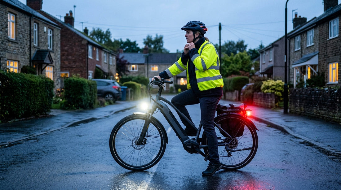 A modern electric bike on a UK road at dusk with a bright white front light and glowing red rear light, commuter in a hi vis jacket alongside
