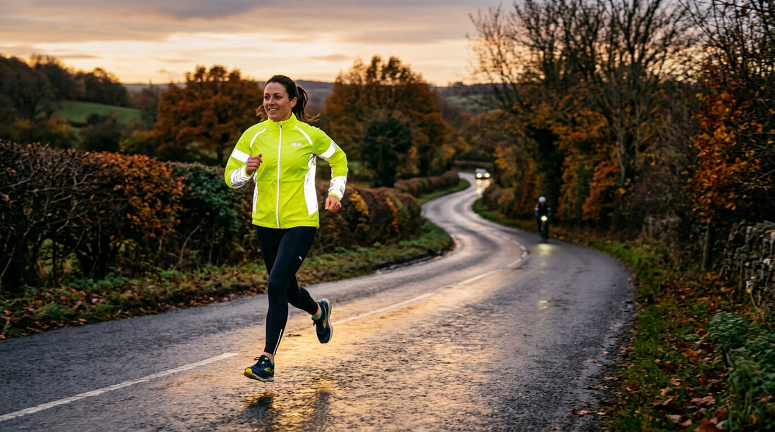 Female runner in a bright yellow hi vis reflective running jacket on a UK country road at dusk