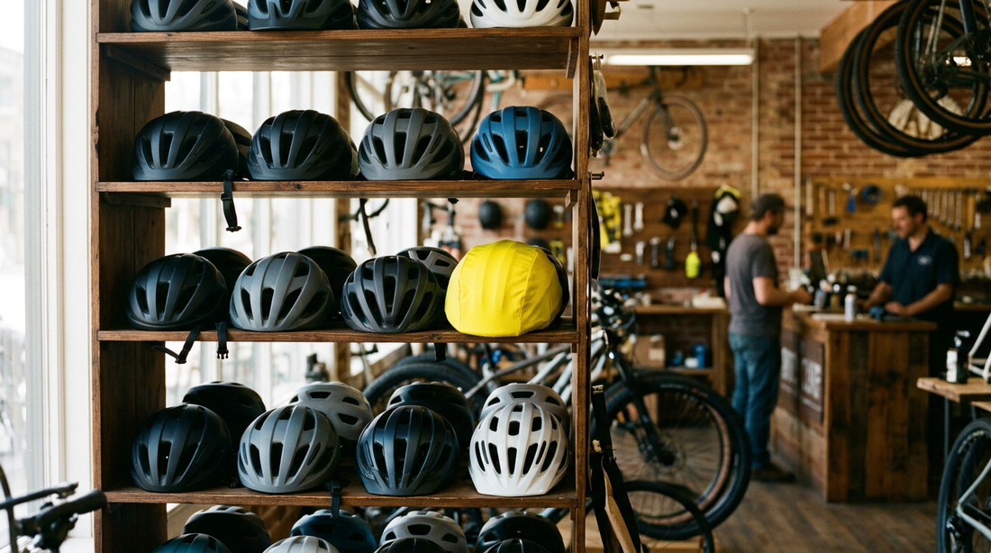Independent bike shop with a bright yellow helmet cover on display among cycling helmets