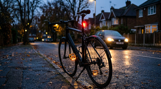 Close-up of a bike's rear red reflector and amber pedal reflectors catching car headlights on a wet UK road at dusk