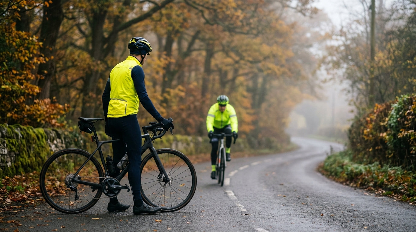 Runner wearing a bright yellow reflective gilet over a long-sleeve base layer on a misty UK country road at dawn