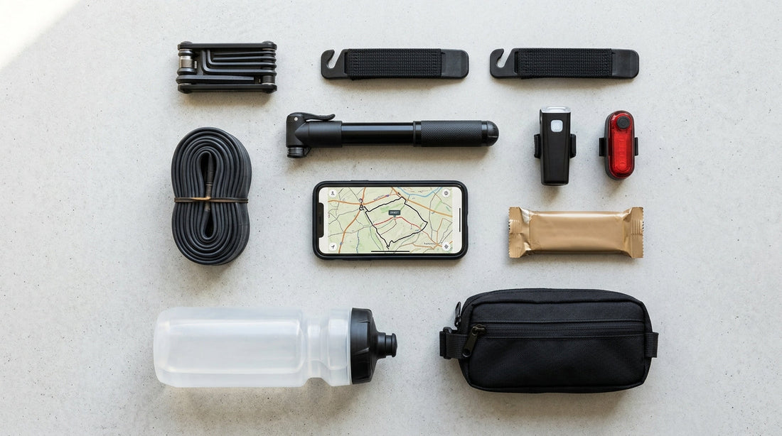 Essential cycling kit laid out flat: multitool, tyre levers, spare inner tube, mini pump, front and rear bike lights, phone with map, water bottle, energy bar and frame bag