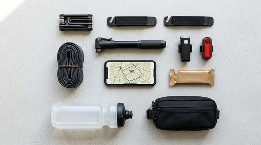 Essential cycling kit laid out flat: multitool, tyre levers, spare inner tube, mini pump, front and rear bike lights, phone with map, water bottle, energy bar and frame bag