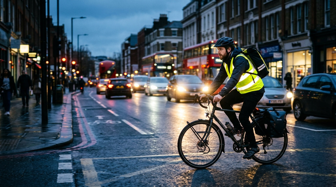 Cyclist wearing a bright yellow reflective gilet on a UK road at dusk with car headlights glinting off the reflective material