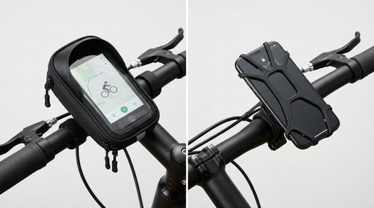 Bike phone mount and phone bag side by side on bicycle handlebars