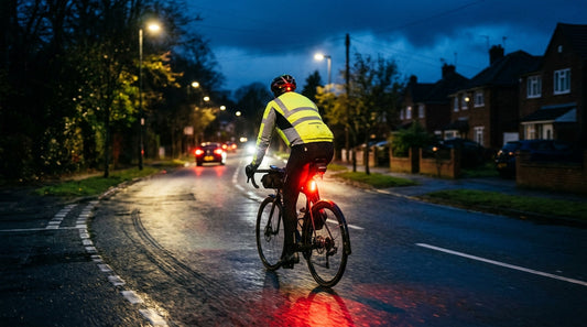 Cyclist on a UK suburban road at dusk with a glowing red rear bike light and reflective hi vis cycling jacket