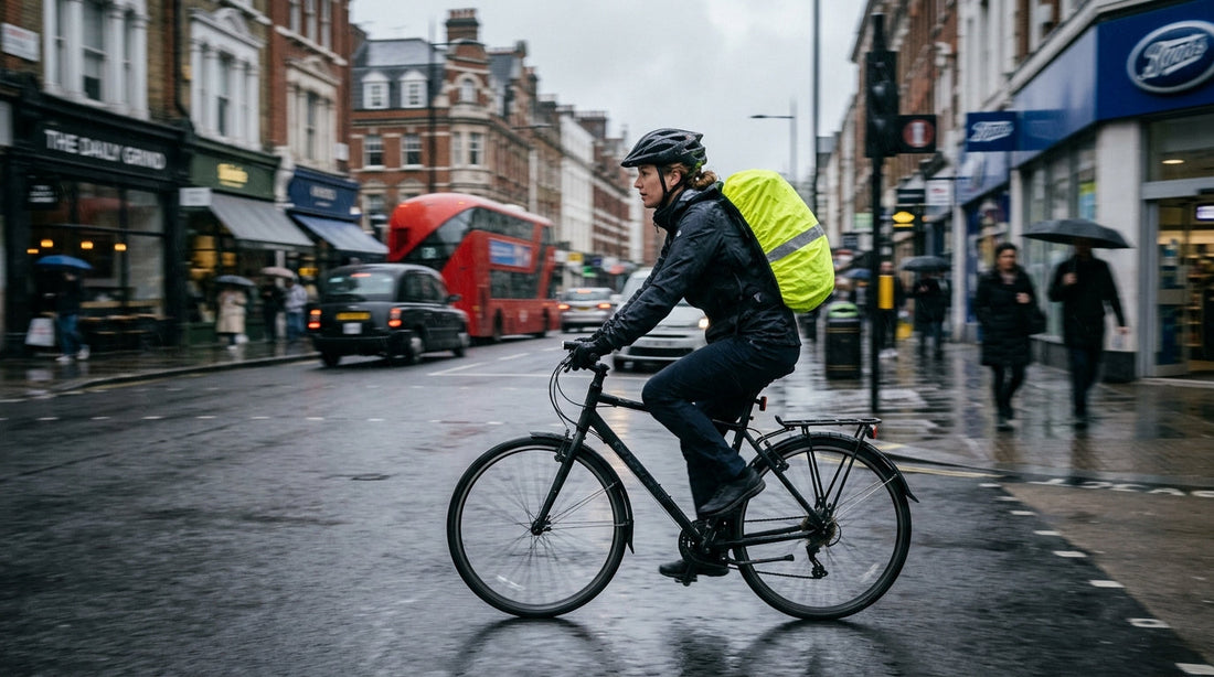 Cyclist commuting in rain with a bright yellow hi-vis waterproof backpack cover