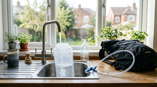 A clear 2 litre BTR hydration bladder being filled with water at a kitchen sink, hose and bite valve laid out beside a cycling backpack