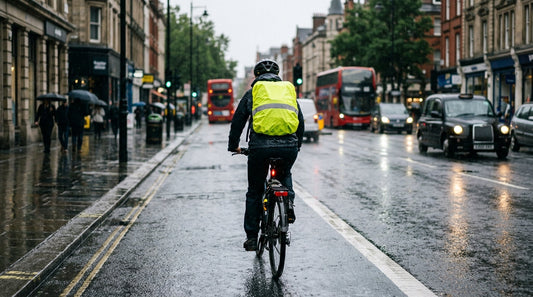 Bike commuter on a wet UK city street with a bright yellow hi vis reflective waterproof cover over their rucksack