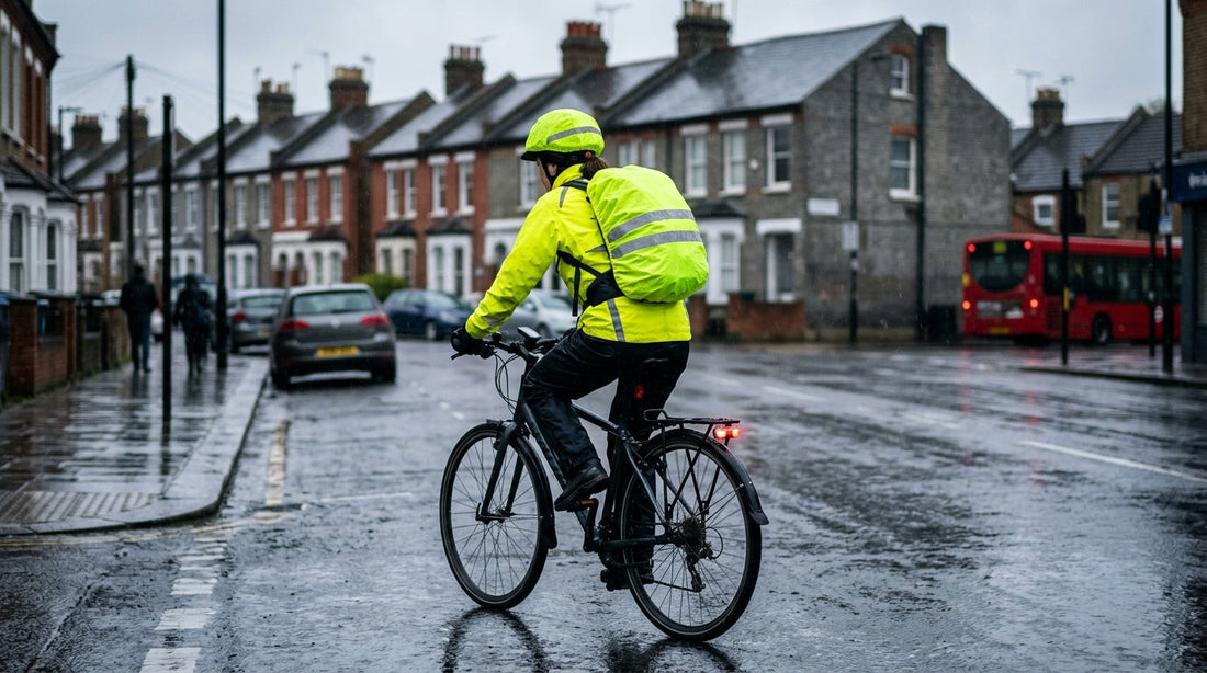 Cyclist commuting to work in the rain wearing a bright yellow waterproof jacket and hi-vis helmet cover
