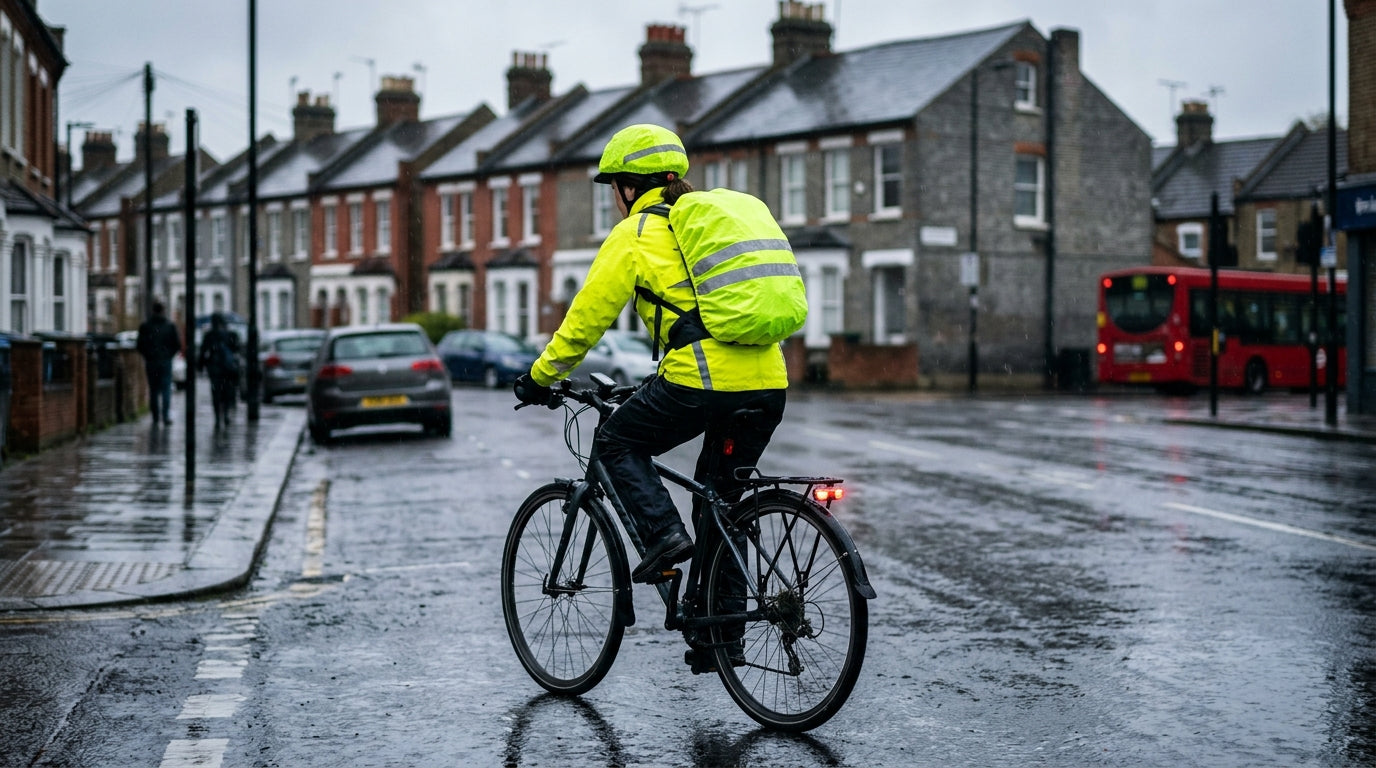 Cyclist commuting to work in the rain wearing a bright yellow waterproof jacket and hi-vis helmet cover