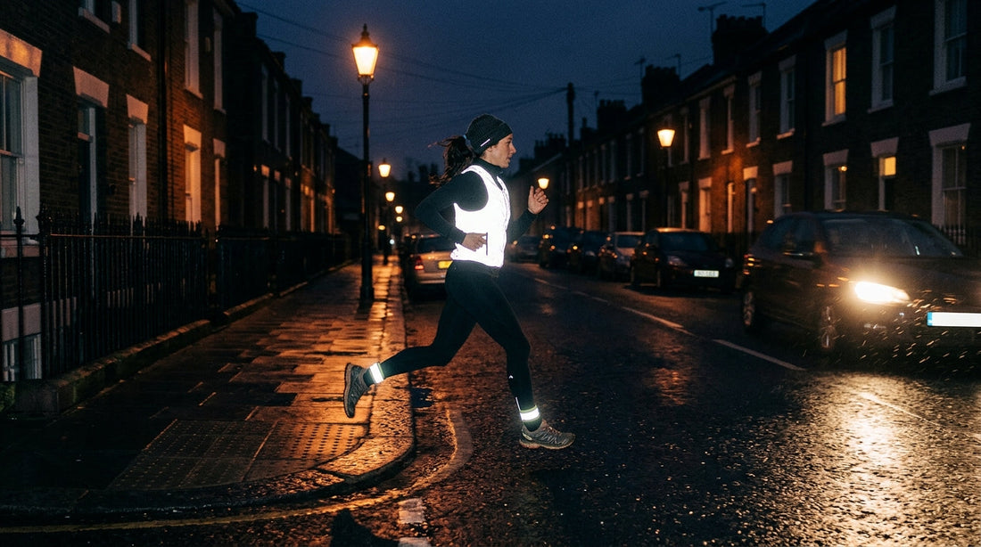 Runner on a UK street at night wearing a reflective gilet and ankle bands lit up by an approaching car's headlights